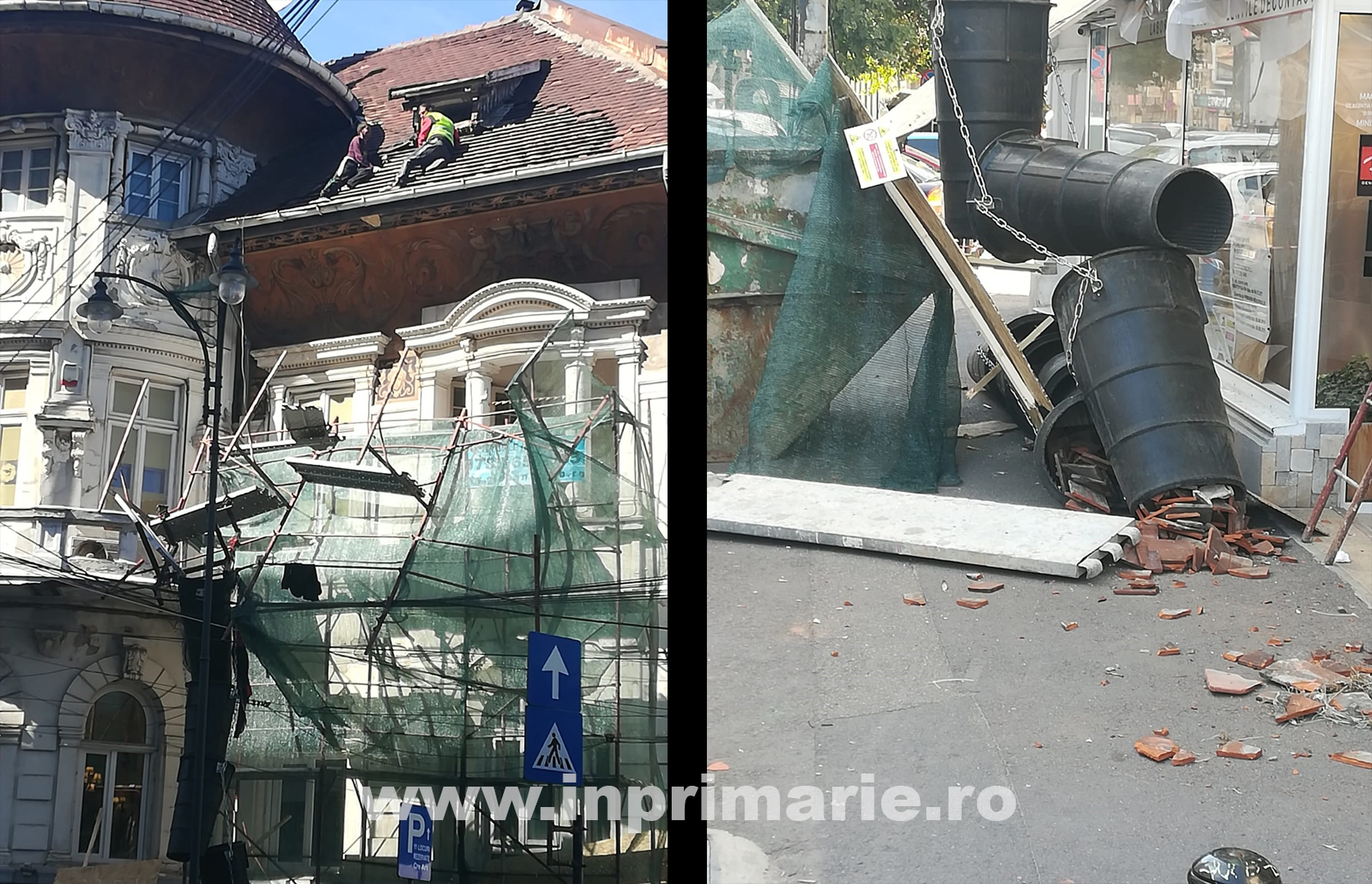 INCIDENT. Schela unei clădiri vechi aflate în renovare s-a prăbușit în zona Pieței Romane. Doi muncitori au rămas blocați pe acoperișul clădirii.