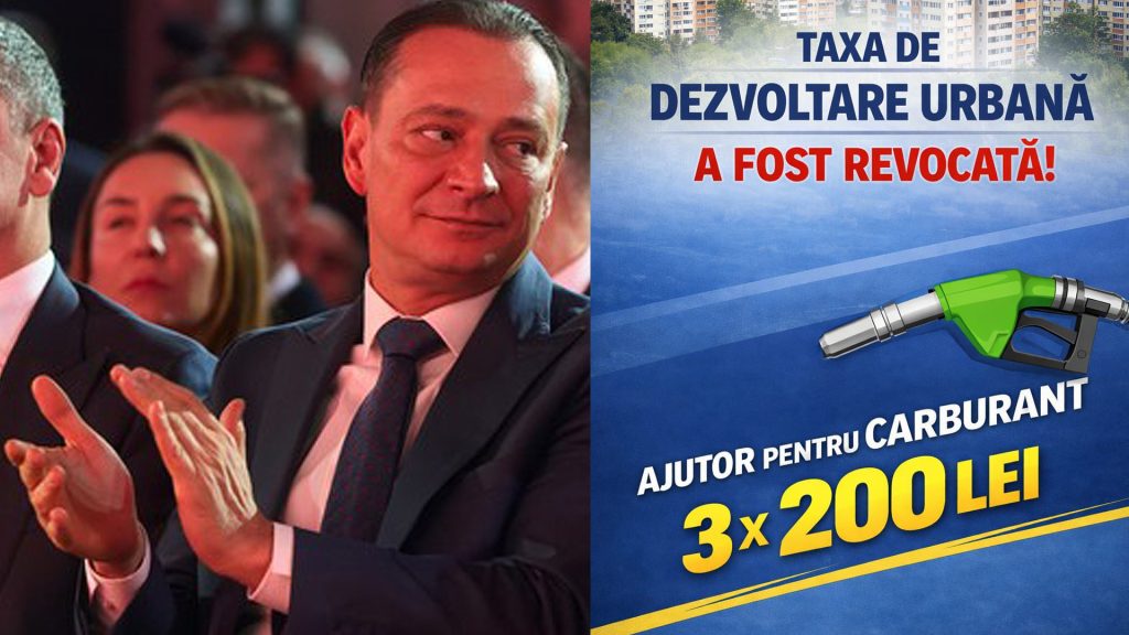 Politician zâmbind lângă un anunț despre revocarea taxei de dezvoltare urbană și acordarea unui ajutor pentru carburant de 3 x 200 lei.
